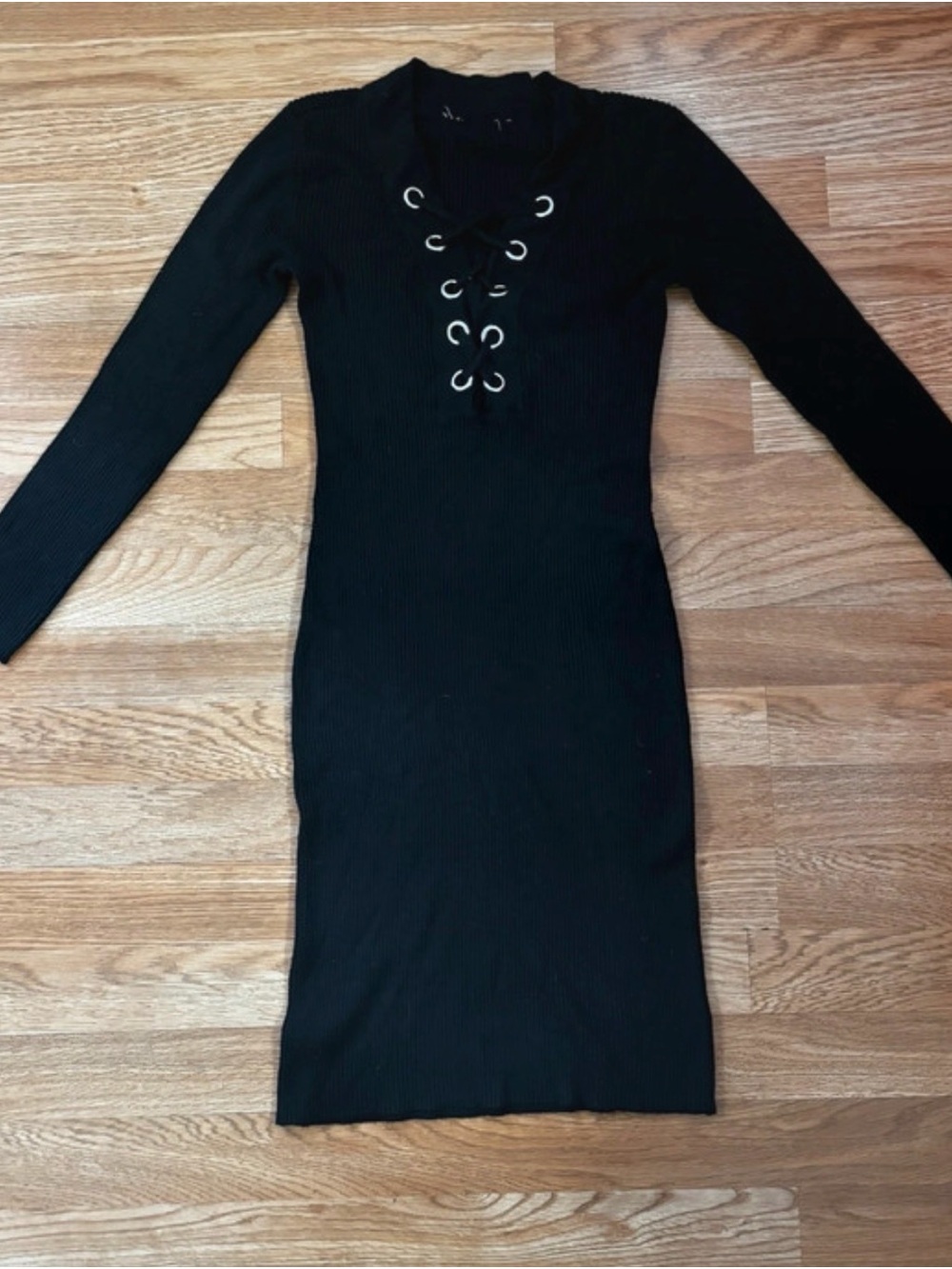 SHEIN Black Ribbed Long-Sleeve Mini Dress with Lace-Up Grommets